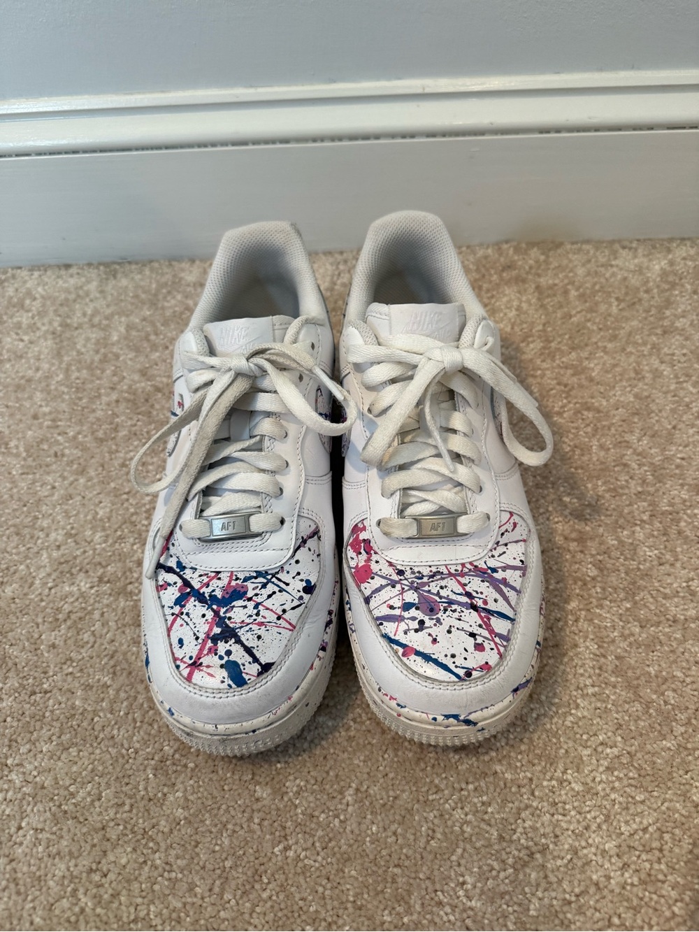 Nike Custom Juice World White Sneakers with Pink & Blue Paint-Splatter